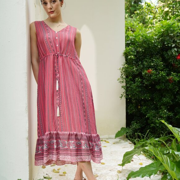 Sleeveless Stripe Printed Crepe Midi Dress - Picture 1 of 8